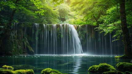 Fototapeta na wymiar The sun shines through the green leaves of the trees and illuminates the beautiful waterfall.