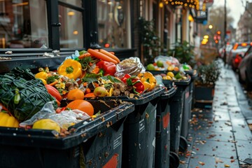 Overflowing garbage bins with fruits and vegetables on city street, concept of food loss and waste