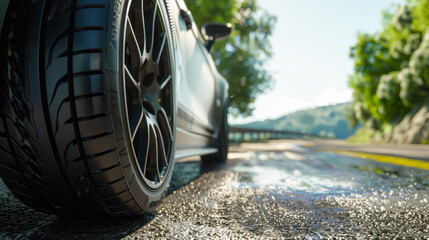 Summer tires special offer banner. Closeup view of the car's wheel on the wet road. Driving in extreme summer conditions. Tire change service banner. Safety on the road, defensive driving courses