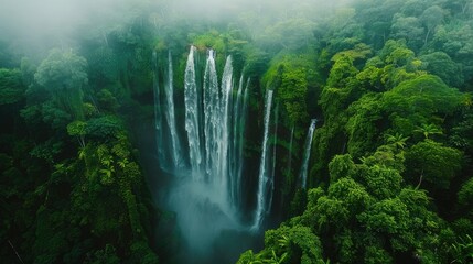 This is a stunning aerial view of a waterfall in the middle of a lush green forest. - obrazy, fototapety, plakaty