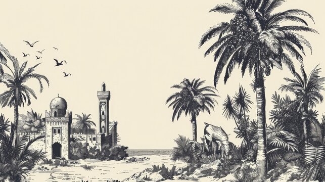 Black ink hand drawn palm tree and mosque. Eid ul Adha concept