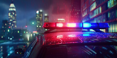 Police car lights  against a city background. - obrazy, fototapety, plakaty