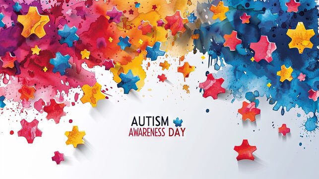 Autism awareness day background with watercolor blots and stars. Vector illustration.
