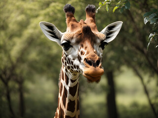 The head of a giraffe with the top of a tree background.