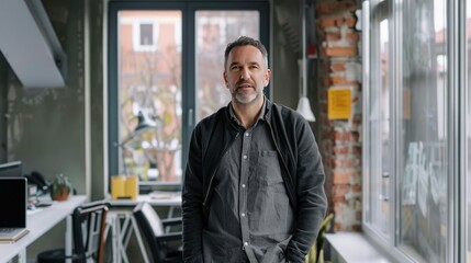 A man in a casual outfit is standing in an office space. He has a confident expression on his face and is looking directly at the camera.