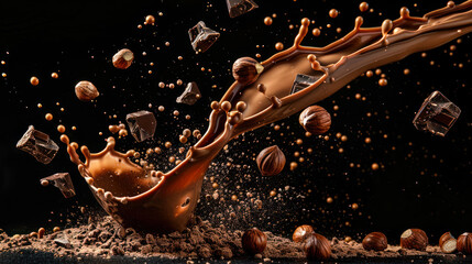 chocolate levitation. Freeze motion of flying group of liquid melted chocolate, raw chocolate pieces and hazelnuts isolated on black background. Yummy chocolate. Confectionery, chocolatier background - obrazy, fototapety, plakaty