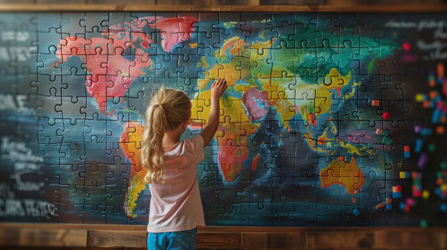 Cute little girl writing on world map against wooden wall with blackboard making from puzzles. World Autism Awareness Day.