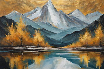 Abstract art acrylic oil painting of mountains landscape with gold details, tree and reflection of...