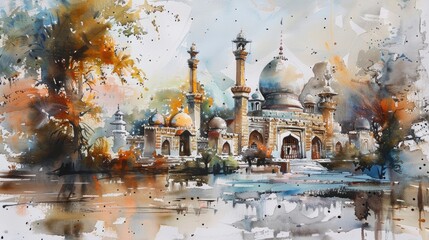 Beautiful watercolor Muslim village landscape