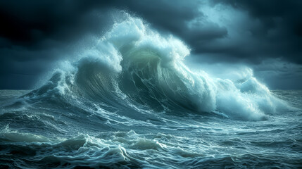 Big stormy wave in the sea. - obrazy, fototapety, plakaty