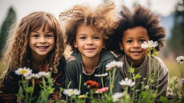 Adorable, happy children of diverse ethnicities, fashion models, smiling and looking at the camera outdoors in the grass, capturing natural beauty