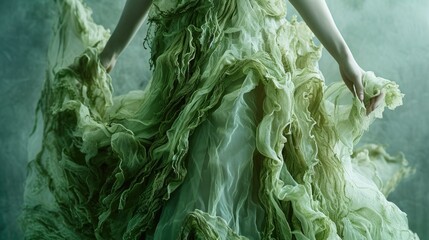 A green dress  surrounded by algae and dynamic splash. Concept of Algal Fabrics - Green Textile...