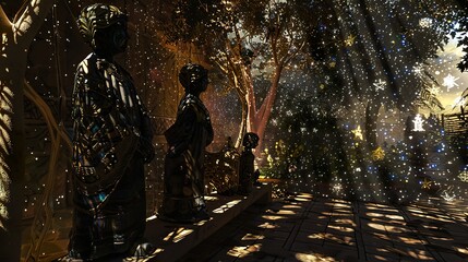 Garden of Tarot under a starry sky whimsical sculptures casting fantastical shadows a dreamland etched in nights embrace