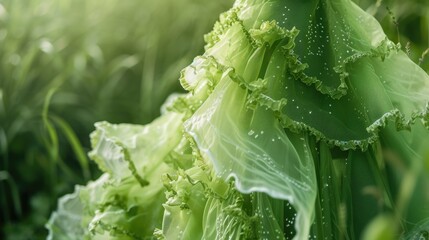 Green gown with intricate leafy designs, evoking a natural, organic aesthetic. Sustainable fashion with algae textile. Verdant Textile Elegance