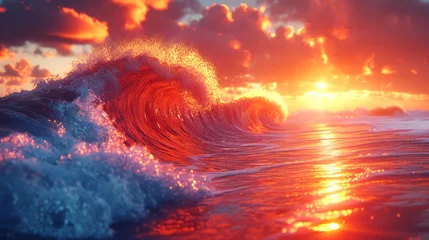 Foto op Canvas A beautiful ocean wave at sunset with orange sky. © suwandee