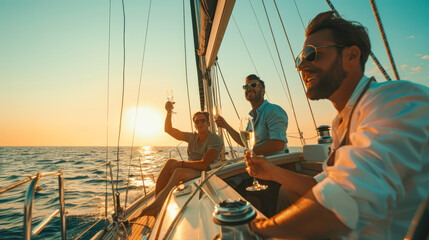 sailing with friends. vacation, travel, sea, friendship. Young people having fund and drinking wine...