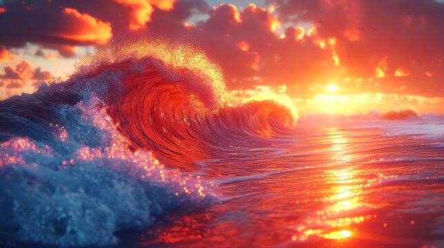 A beautiful ocean wave at sunset with orange sky.