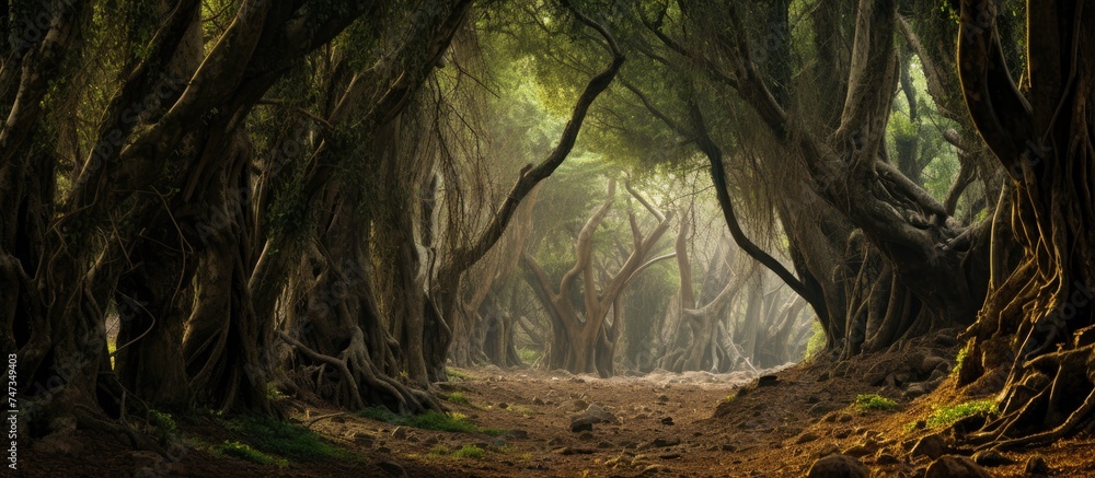 Poster a pathway winds its way through a dense forest in tangier, morocco. tall trees with lush green folia