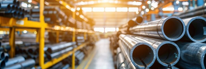 Industrial Inventory, Stack of Steel Pipes in Warehouse or Factory Setting, with Blurred Background Evoking Manufacturing Environment.