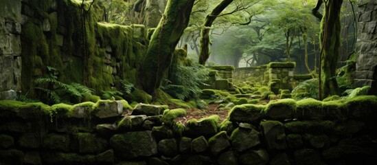The forest is covered in thick, soft green moss, with rocks and trees scattered throughout. The moss creates a serene and enchanting ambiance in the environment.
