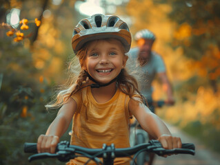 Girl riding a bicycle in a safety helmet with her family in the park in autumn, enjoying a family weekend - 747349626