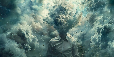 Conceptual image with mans head surrounded by chaos and confusion. Concept Conceptual Imagery, Chaos, Confusion, Head surrounded by Chaos - obrazy, fototapety, plakaty