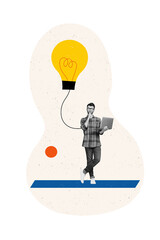 Vertical collage picture of black white colors mini minded guy hold laptop contemplate big light bulb connection isolated on creative background