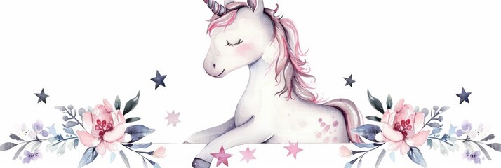 Obraz na płótnie Canvas Cute Watercolor Little Unicorn with Stars on White Background