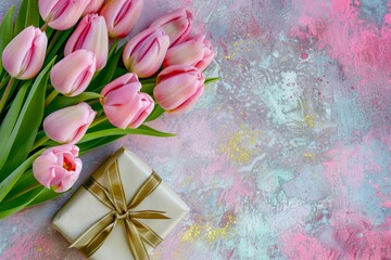 Pink Tulips with Gift on Textured Artistic Background