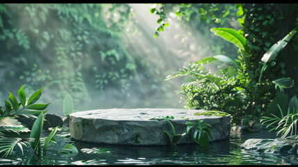 Podium stone with a green wall for product presentations in a tropical jungle