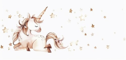 Cute Watercolor Little Unicorn with Stars on White Background
