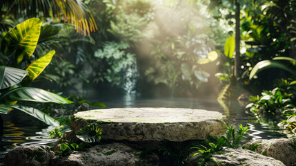 Podium stone with a green wall for product presentations in a tropical jungle