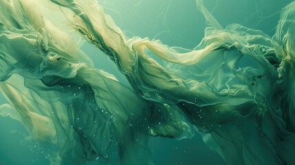 Fototapeta premium A mesmerizing display of green fabric swirls underwater, resembling seaweed in motion. Concept of Sustainable Biofabrics from Seaweed. Algae-Based Fabrics, Seaweed In Fashion
