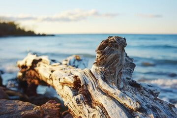 Weathered Driftwood on Seashore in Golden Sunset Light