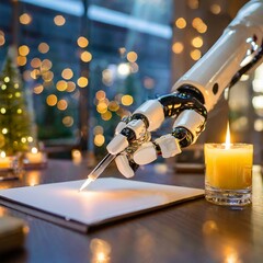 robotic hand trying to create art in a table with candles and lights backgrounds