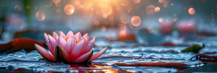Panoramic Lotus Flower in Full Bloom, Vibrant Water Lily Attraction - obrazy, fototapety, plakaty
