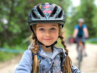 Girl rides bike with family in park in summer, enjoys weekend and outdoor activities - 747350430