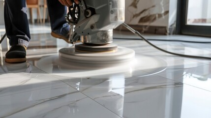 Precision Shine, Worker Enhancing Hard Floor with High-Speed Polishing Machine, Creating a Gleaming Finish.