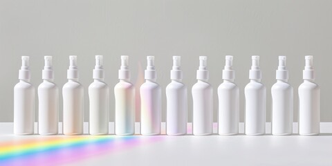 product shot of a line of premium white airless bottles with white caps as wide as the bottles, stretching to the horizon in a white limbo, rainbow reflection