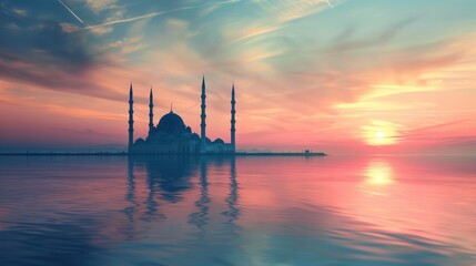 Ramadan Kareem religious background with mosque in the sea