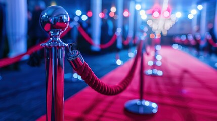 Macro view of red carpet with red rope barrier in a row.