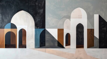 Simple geometric landscape painting with mosque