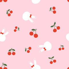 Seamless pattern of cherry fruit with green leaf and bunny cartoons on pink background vector illustration.