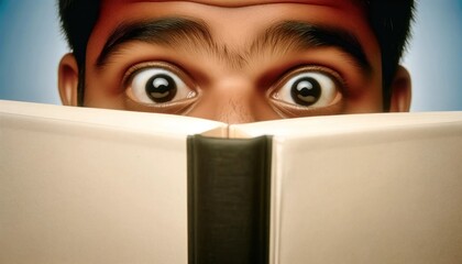 Curious eyes peek over an open book, embodying sneakiness and intrigue - obrazy, fototapety, plakaty