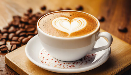 Close up white coffee cup with heart shape latte art on wood tab