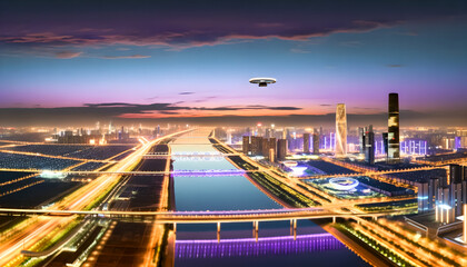 Fototapeta na wymiar Futuristic Cityscape at Dusk with Advanced Technology, Generative AI