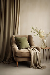Comfortable beige armchair with olive pillow and beige plaid, olive curtain, flower in a glass vase on the wooden coffee table in light beige living room