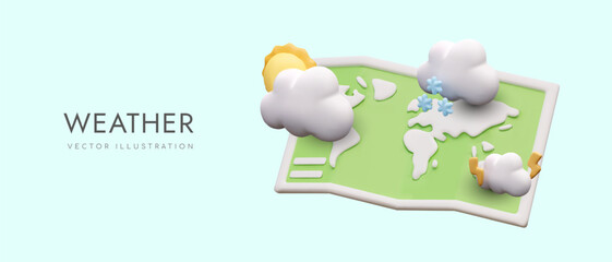 3D green world map, meteorological symbols. Nature, weather concept