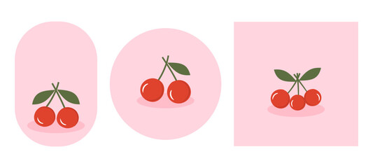 Cute cherry fruit with green leaves on pink sign labels isolated on white background vector.