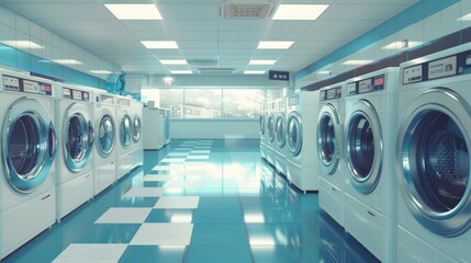 Urban Convenience, Modern Laundromat Interior Featuring Rows of Washing Machines. Clean and Bright Self-Service Laundry Facility, Reflecting Urban Daily Life Concept.